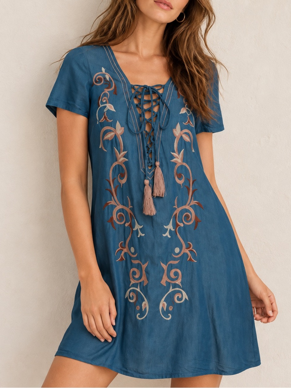 Lulu’s Down in Kokomo Blue Chambray Floral Embroidered Fall Shift Mini Dress